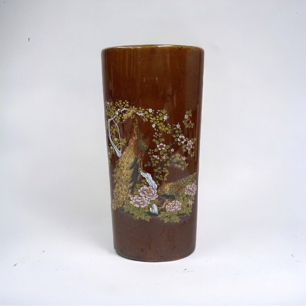Vtg Peacock Vase Asahi  Japan Oval Floral Brown Gold Pink Flowers Oriental